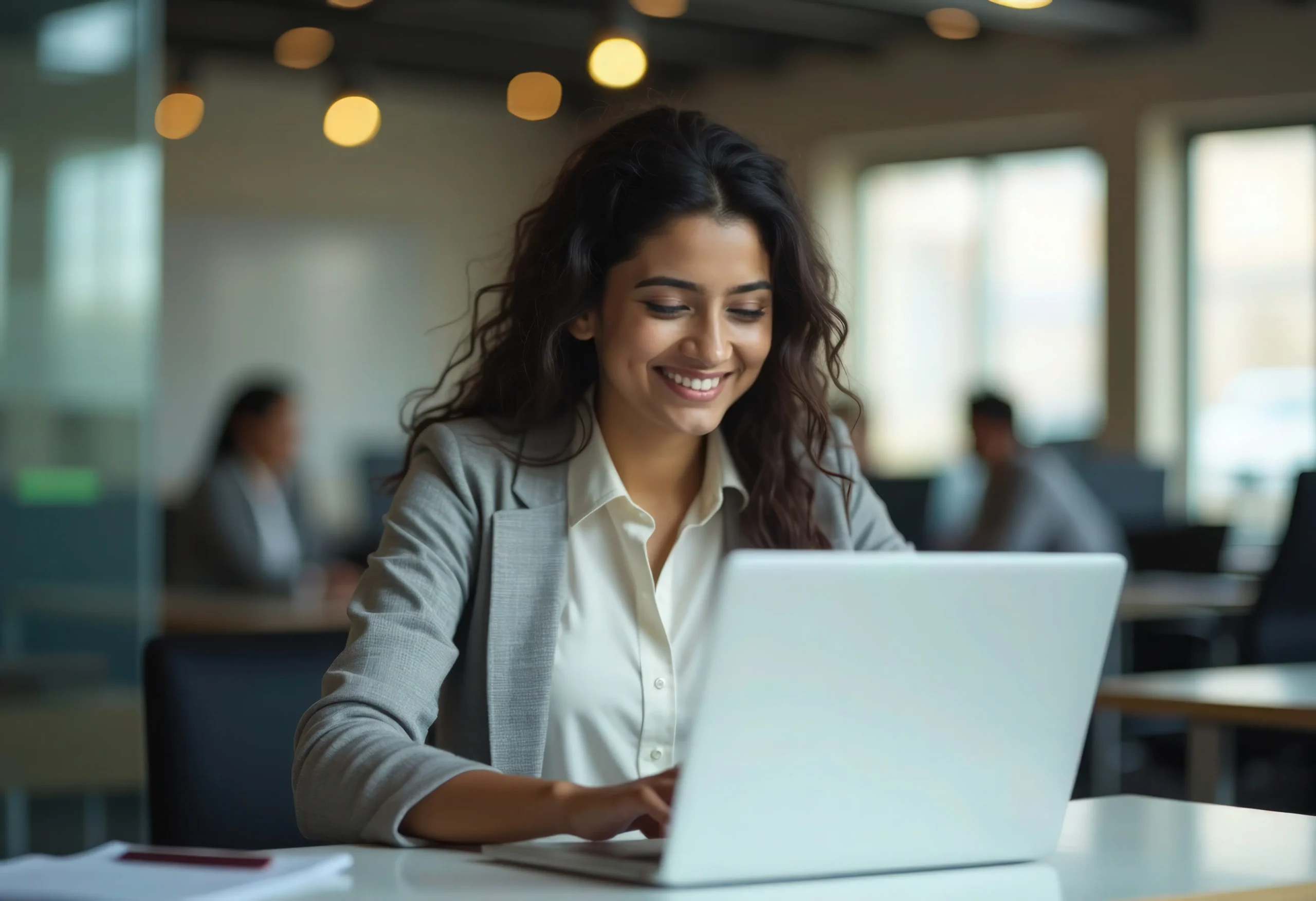 A woman sits in an office space working at a laptop.