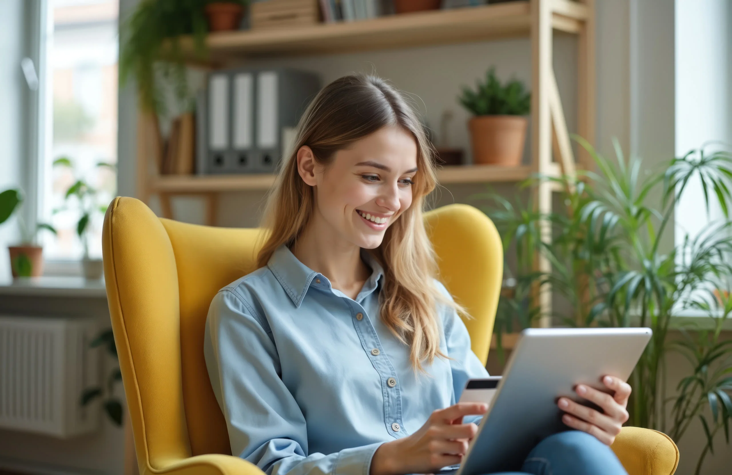 A woman sits in a yellow armchair in a living room making a card payment on an tablet device.