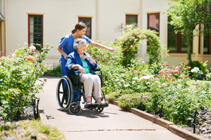 A nurse pushes an elderly woman in a wheelchair whilst pointing at the flowers in the garden.