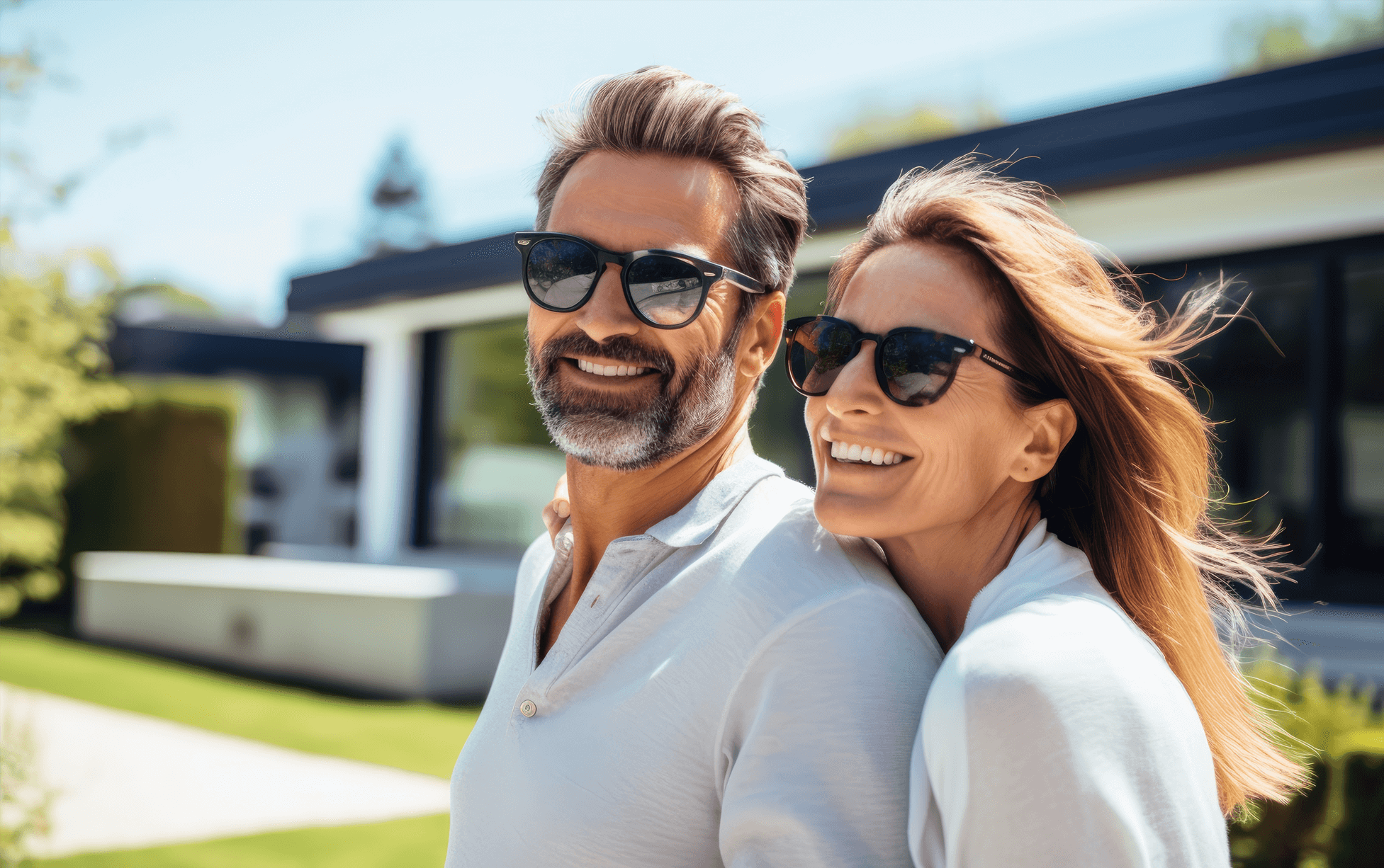 A couple stands closely together in a garden smiling whilst wearing sunglasses.